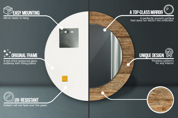 Espelho com moldura impressa redondo Madeira antiga