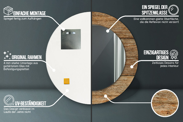 Espelho com moldura impressa redondo Madeira antiga