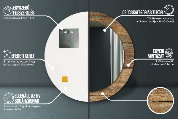 Espelho com moldura impressa redondo Madeira antiga