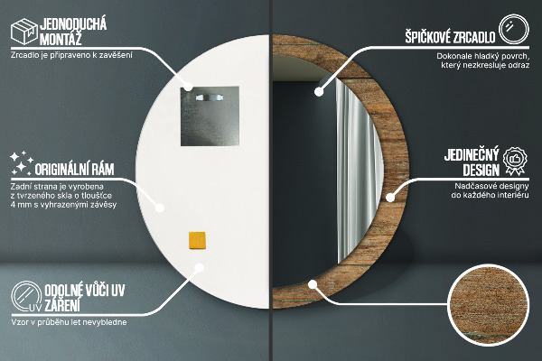 Espelho com moldura impressa redondo Madeira antiga