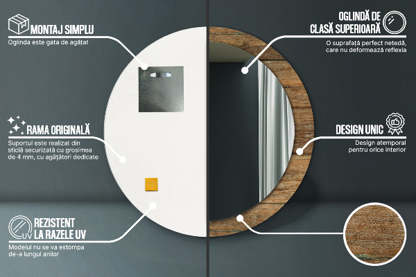 Espelho com moldura impressa redondo Madeira antiga