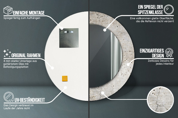 Espelho com moldura impressa redondo Betão cinzento