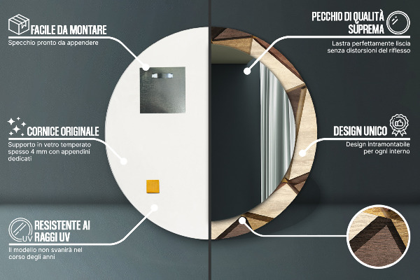 Espelho circular de parede decorativo Madeira geométrica 3d