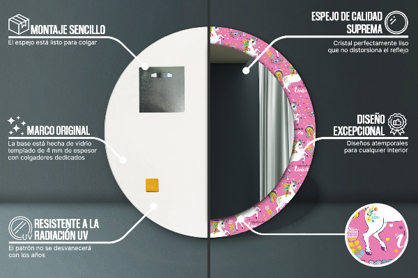 Espelho de parede circular decorativo Unicórnio mágico