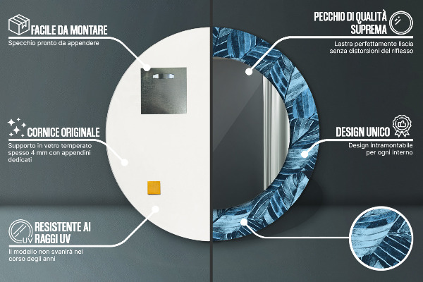 Espelho com moldura impressa redondo Folhas da selva