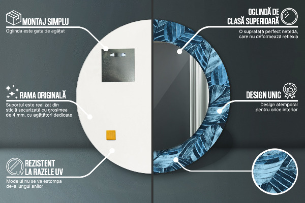 Espelho com moldura impressa redondo Folhas da selva