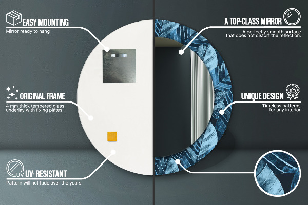 Espelho com moldura impressa redondo Folhas da selva