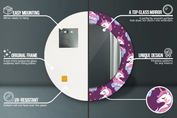 Espelho com moldura impressa redondo Estrelas de unicórnio