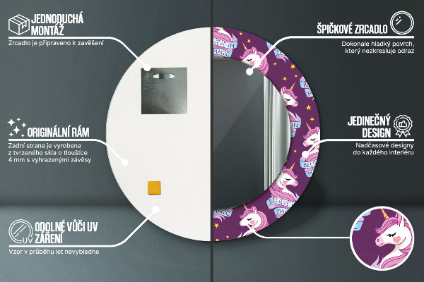 Espelho com moldura impressa redondo Estrelas de unicórnio