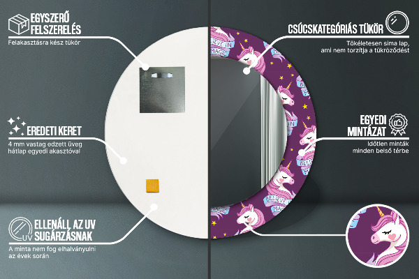 Espelho com moldura impressa redondo Estrelas de unicórnio