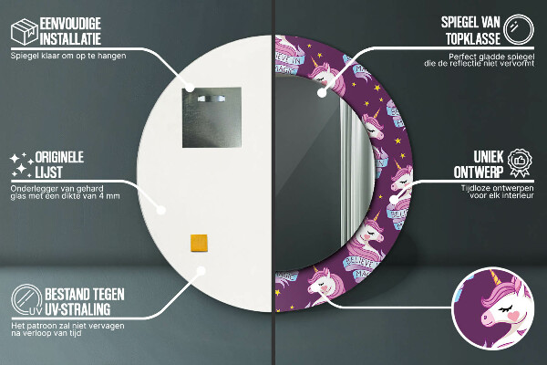 Espelho com moldura impressa redondo Estrelas de unicórnio