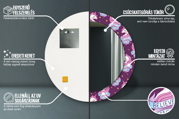 Espelho com moldura impressa redondo Estrelas de unicórnio