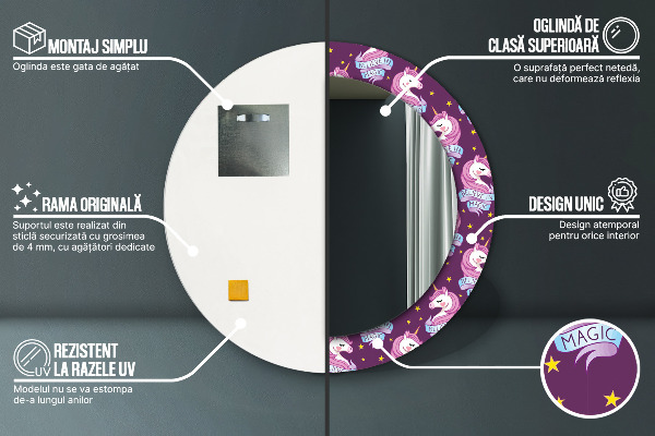 Espelho com moldura impressa redondo Estrelas de unicórnio