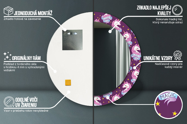 Espelho com moldura impressa redondo Estrelas de unicórnio