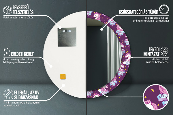 Espelho com moldura impressa redondo Estrelas de unicórnio