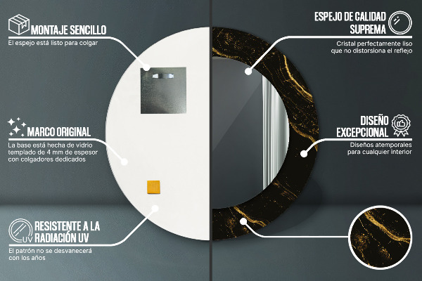 Espelho com moldura impressa redondo Mármore preto