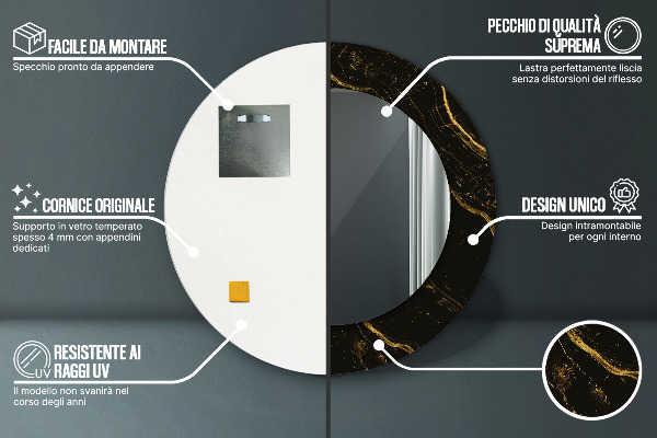 Espelho com moldura impressa redondo Mármore preto