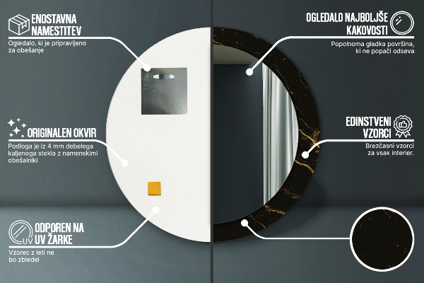 Espelho com moldura impressa redondo Mármore preto