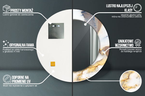 Espelho de moldura impressa redondo Mármore branco