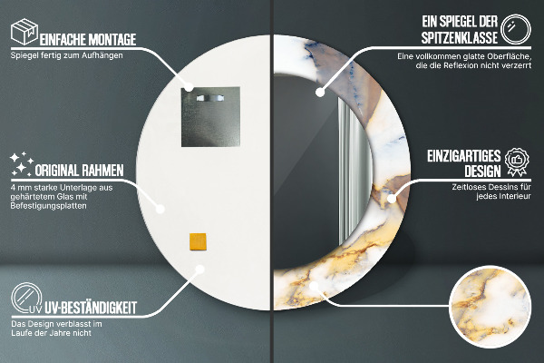 Espelho de moldura impressa redondo Mármore branco