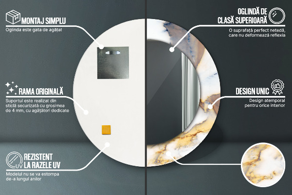 Espelho de moldura impressa redondo Mármore branco