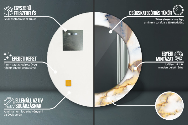 Espelho de moldura impressa redondo Mármore branco