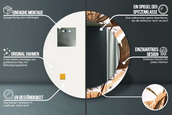 Espelho com moldura impressa redondo Folhas de palmeira