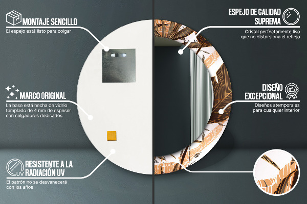 Espelho com moldura impressa redondo Folhas de palmeira