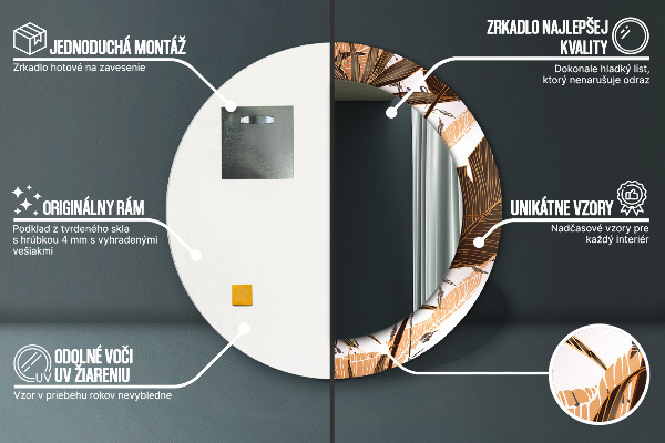 Espelho com moldura impressa redondo Folhas de palmeira