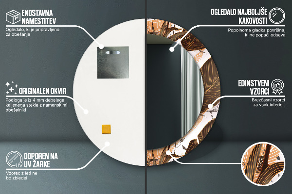 Espelho com moldura impressa redondo Folhas de palmeira