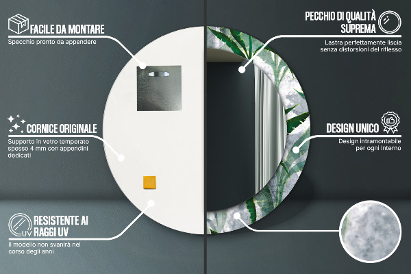 Espelho circular de parede decorativo Folhas tropicais