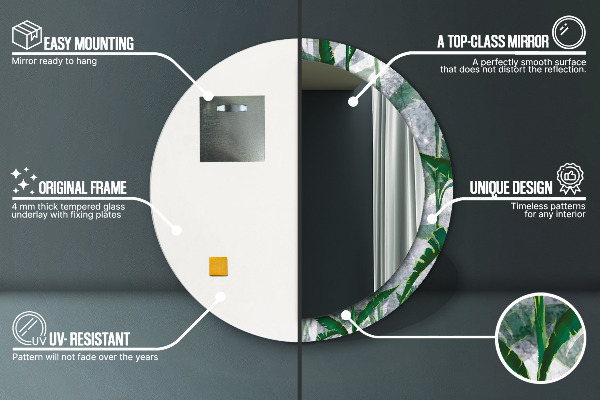 Espelho circular de parede decorativo Folhas tropicais