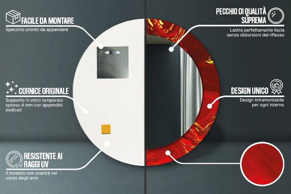 Espelho de moldura impressa redondo Mármore Vermelho