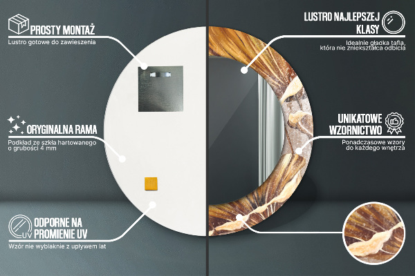 Espelho com moldura impressa redondo Folhas Douradas