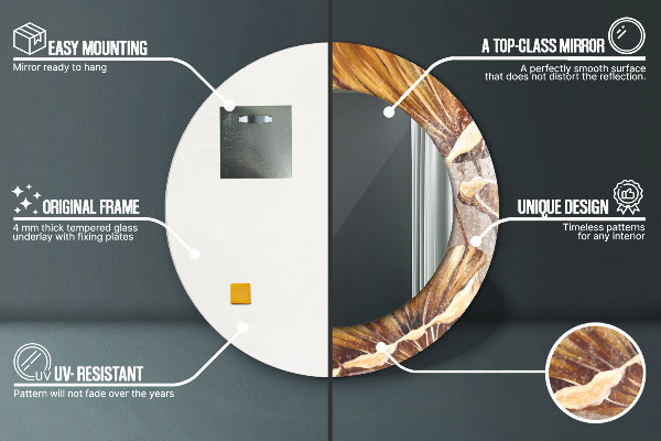 Espelho com moldura impressa redondo Folhas Douradas