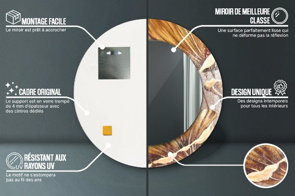 Espelho com moldura impressa redondo Folhas Douradas