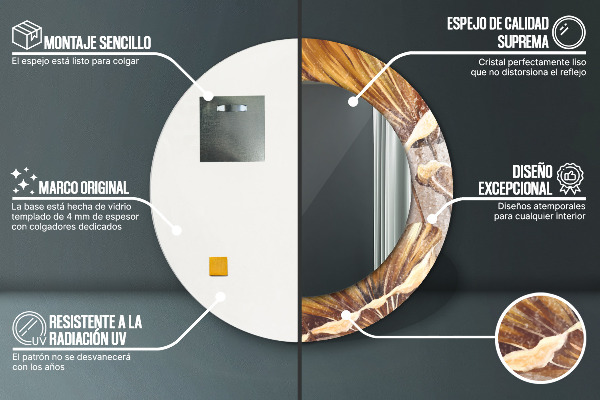 Espelho com moldura impressa redondo Folhas Douradas