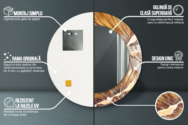 Espelho com moldura impressa redondo Folhas Douradas