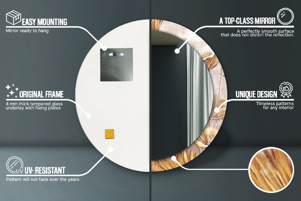 Espelho com moldura impressa redondo Folhas Douradas