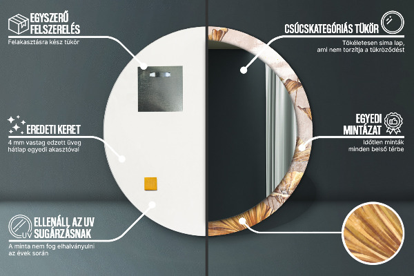 Espelho com moldura impressa redondo Folhas Douradas