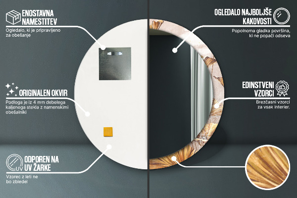 Espelho com moldura impressa redondo Folhas Douradas