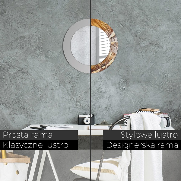 Espelho com moldura impressa redondo Folhas Douradas