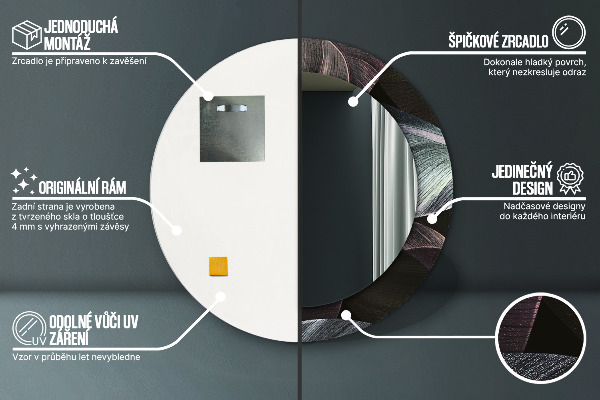 Espelho com moldura impressa redondo Folhas Tropicais Escuras