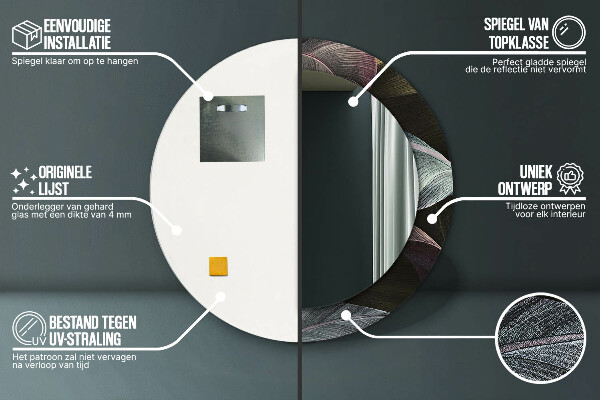 Espelho com moldura impressa redondo Folhas Tropicais Escuras