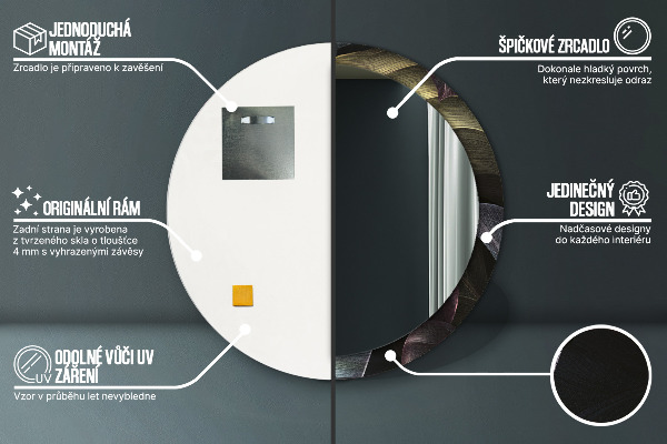 Espelho com moldura impressa redondo Folhas Tropicais Escuras