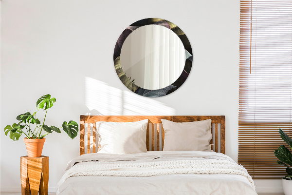 Espelho com moldura impressa redondo Folhas Tropicais Escuras