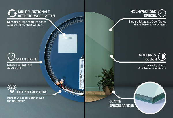 Espelho meia lua com LED 74x90 cm