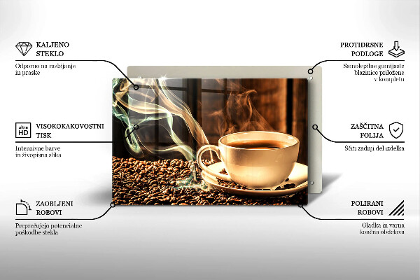 Protetor de fogão de vidro Uma xícara e grãos de café