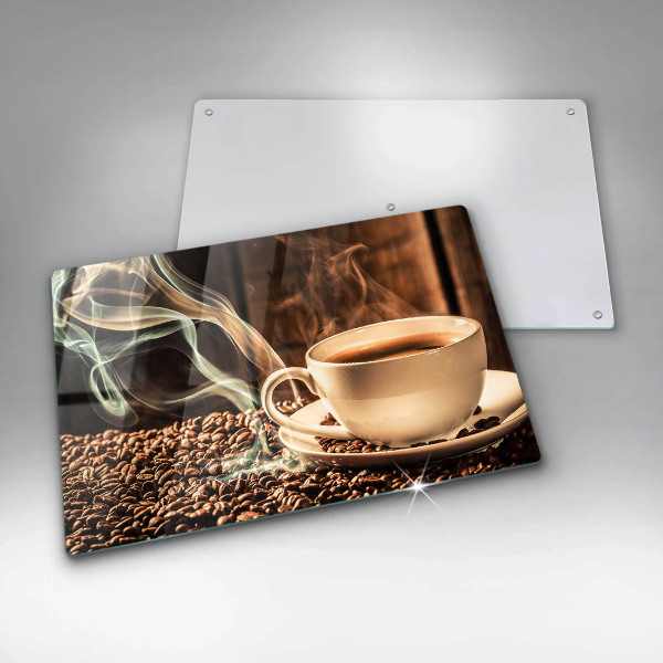 Protetor de fogão de vidro Uma xícara e grãos de café