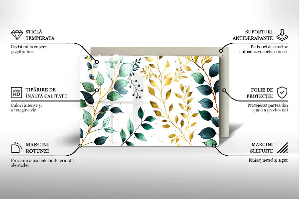 Protetor para fogão de vidro Folhas verdes e douradas